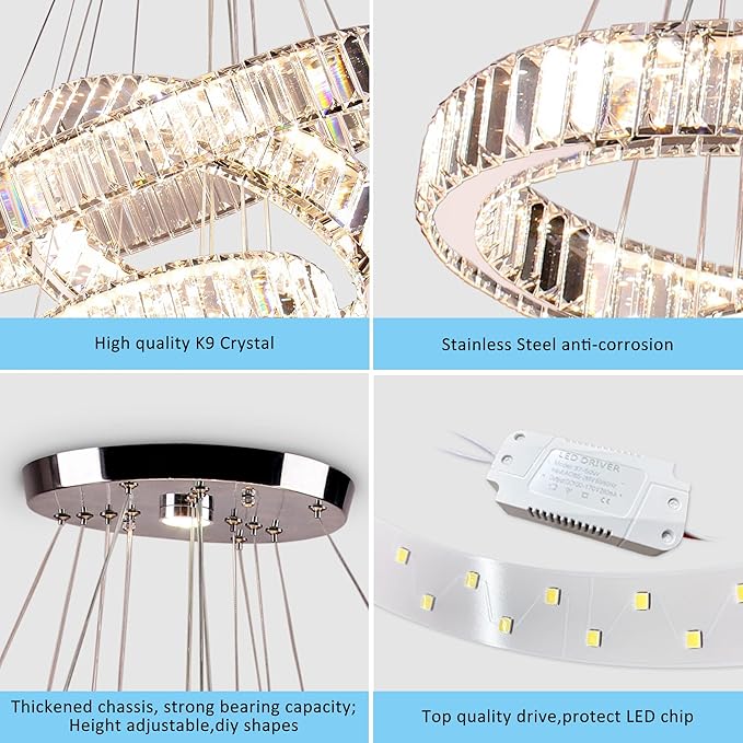 Modern Crystal Chandeliers 4 Ring LED Crystal Pendant Light DIY Adjustable High Chandelier for Dining Room Living Room Bedroom 3 Color Changeable