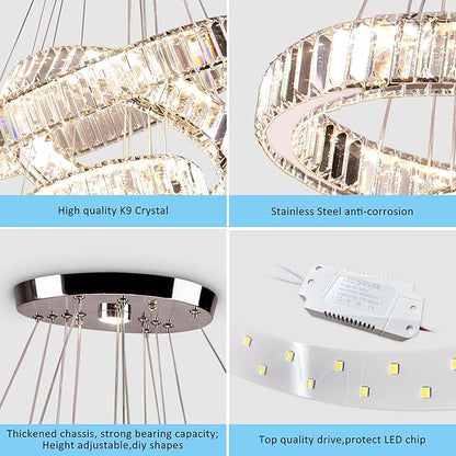 Modern Crystal Chandeliers 4 Ring LED Crystal Pendant Light DIY Adjustable High Chandelier for Dining Room Living Room Bedroom 3 Color Changeable