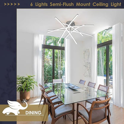 Semi Flush Mount Ceiling Light, 32.8” Dimmable LED Chandelier Modern Ceiling Lighting Fixture Dimmable Remote Control 6-Lights Lamp for Living Room Dining Room Bedroom 65W 3000K-6000K