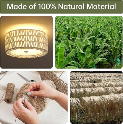 Boho Rattan Ceiling Light Fixtures 2-Light White Flush Mount Ceiling Light, 12.6" Coastal Light Fixture Close to Ceiling Light for Bedroom Nursery Foyer Hallway Entryway Kids Room