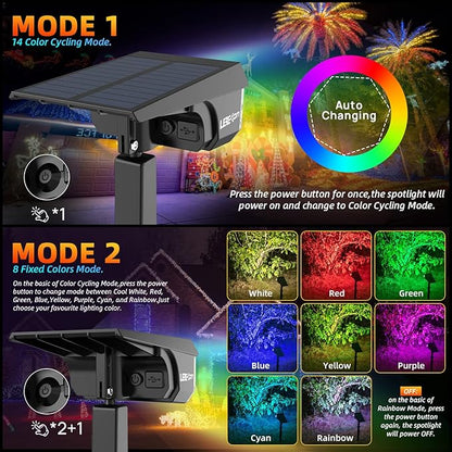 LEREKAM Color Solar Light Outdoor Waterproof Spotlights with 9 Light Modes, Color Changing Solar Outdoor Light for Halloween Decorations, Colored Spot Lights Auto On,Off, RGBW