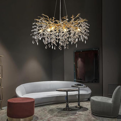 Crystal Tree Branches Chandeliers Luxury Round Gold Hanging Pendant Light 10 Lights for Dining Room Bedroom Living Room Entryway 30.5"