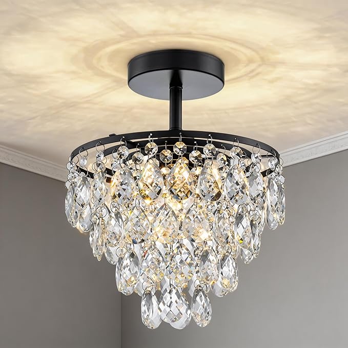Mini Crystal Chandelier Small Modern Crystal Flush Mount Ceiling Light for Hallway Closet, E26 Base, K9 Crystal (Black-Ceiling)