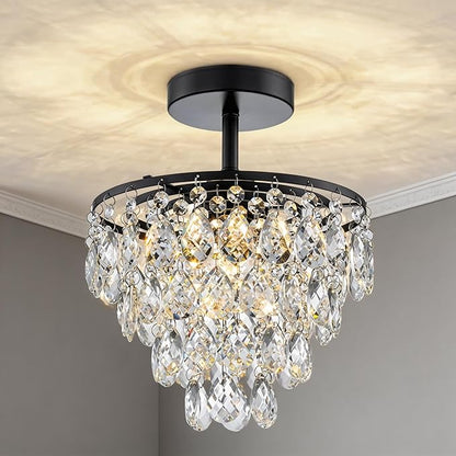 Mini Crystal Chandelier Small Modern Crystal Flush Mount Ceiling Light for Hallway Closet, E26 Base, K9 Crystal (Black-Ceiling)