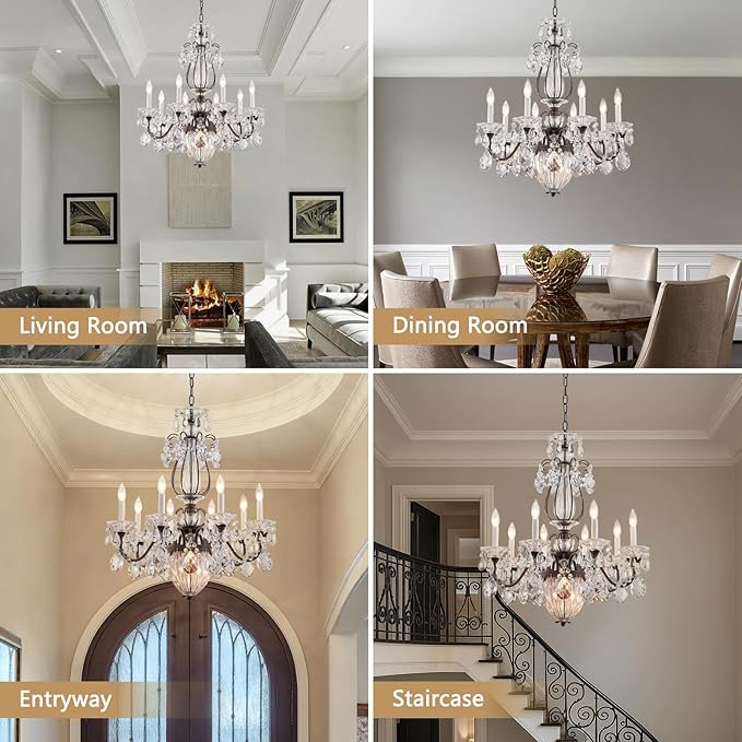 Crystal Chandelier for Dining Room, 8-Light Vintage Brown Chandelier, Pendant Ceiling Light Fixture for Living Room Hallway Entryway Foyer Staircase 30.3" H x 26.8" D