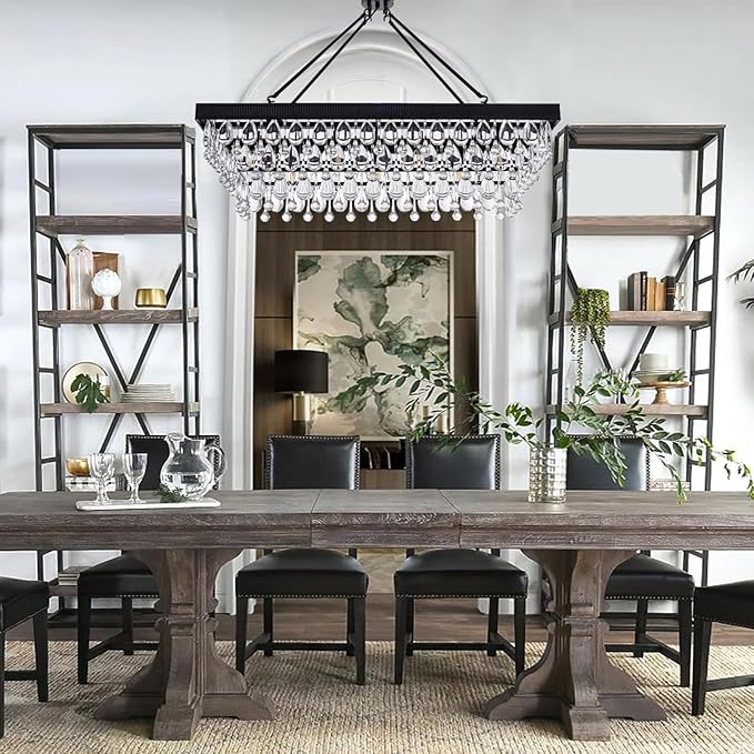 TOCHIC Crystal Dining Room Chandelier Over Table, Black Linear Rectangle Chandeliers, 7 Lights Modern Farmhouse Pool Table Billiard Light Fixture for Kitchen Island, Living Room, Entryway, 38" L