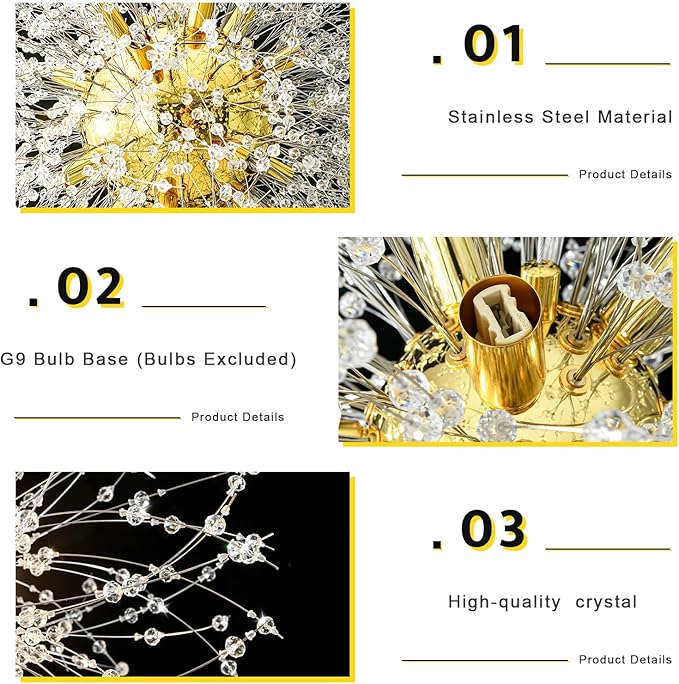 Qamra Modern Crystal Gold Chandeliers, Firework Dandelion Sputnik Chandelier Light Fixture Pendant Lighting for Dining Room, Bedroom, Kitchen, Living Room(16-Light, Gold)