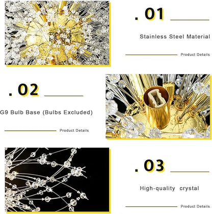Qamra Modern Crystal Gold Chandeliers, Firework Dandelion Sputnik Chandelier Light Fixture Pendant Lighting for Dining Room, Bedroom, Kitchen, Living Room(16-Light, Gold)