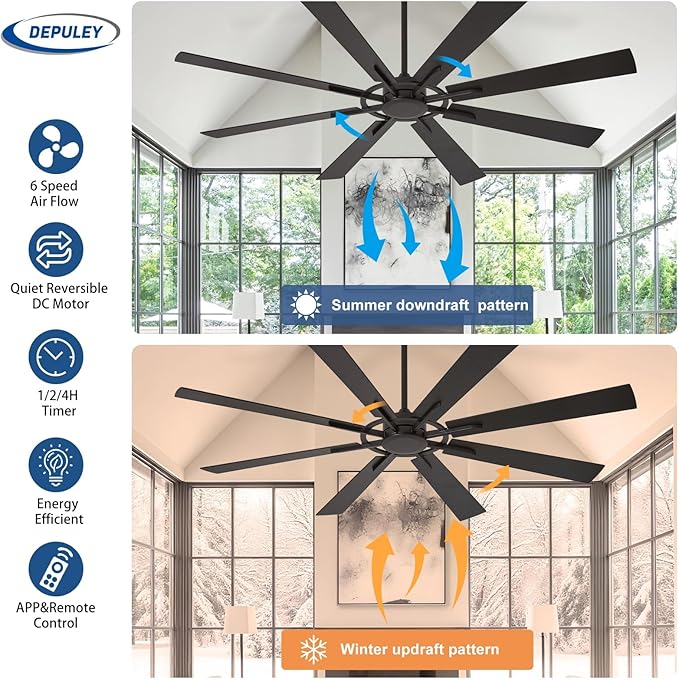 Ceiling Fan Without Light: 66 Inch Big Indoor Outdoor Fan with Remote APP Control - Black Wood Grain Large Ceiling Fan no Light 8 Blade Reversible Quiet DC Motor Memory Function Timer