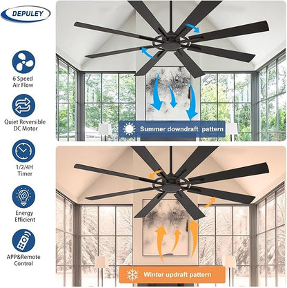 Ceiling Fan Without Light: 66 Inch Big Indoor Outdoor Fan with Remote APP Control - Black Wood Grain Large Ceiling Fan no Light 8 Blade Reversible Quiet DC Motor Memory Function Timer