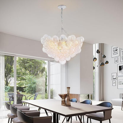 Hand Blown Glass Bubble Ball Chandelier White Finish 24" Pendant Light Fixture Art Deco Cluster Swirled Ribbed Glass Globe Lighting for Bedroom Dining Room Bedroom Bathroom Entry