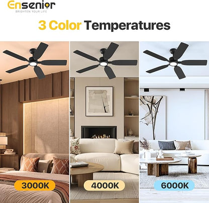 Ensenior 52 inch ceiling fan with light and remote, Noiseless Reversible DC Motor Fandelier Ceiling Fan, 6 Speeds, 3CCT, Black Modern Ceiling Fan for Bedroom and Living Room, 5 Dual-Finish Blades