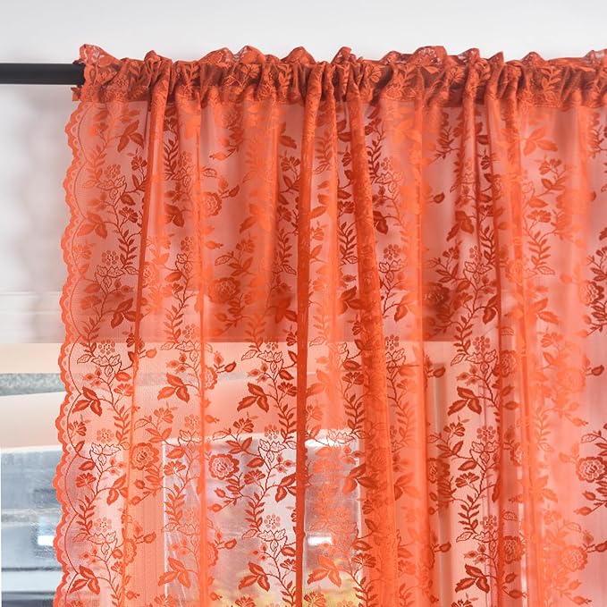 Burnt Orange Sheer Curtains 63 Inch Length for Bedroom 2 Panels Rustic Leaf Floral Scalloped Edge Vintage Rust Sheer Lace Curtains, Rod Pocket Privacy Window Lacy Curtain Drapes, 42 x 63 Inch