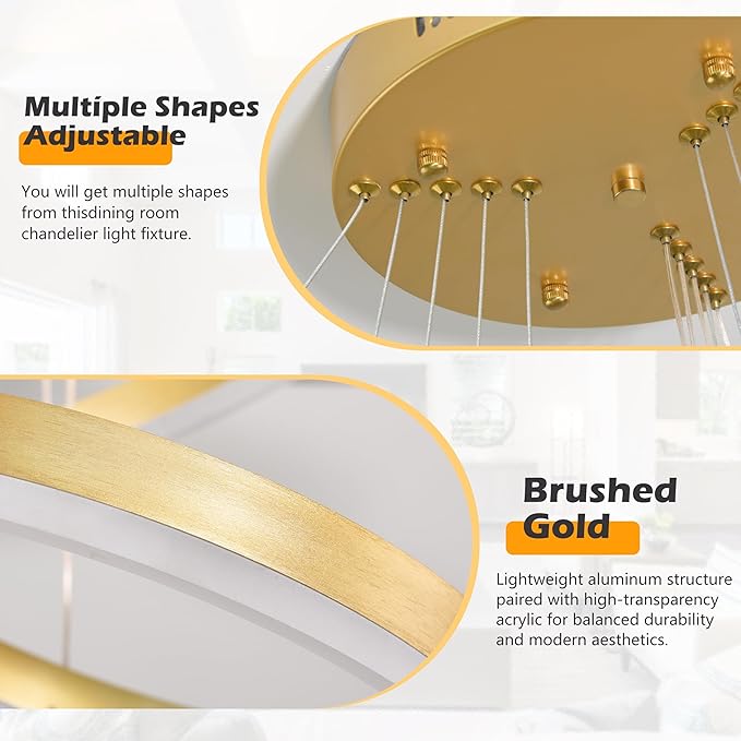 5 Rings Pendant Lights Modern Gold Led Chandelier Gold Modern Led Pendant Light Dimmable Height Adjustable Chandeliers for Dining Room Bedroom Entryway Living Room Foyer (3000K-6000K)