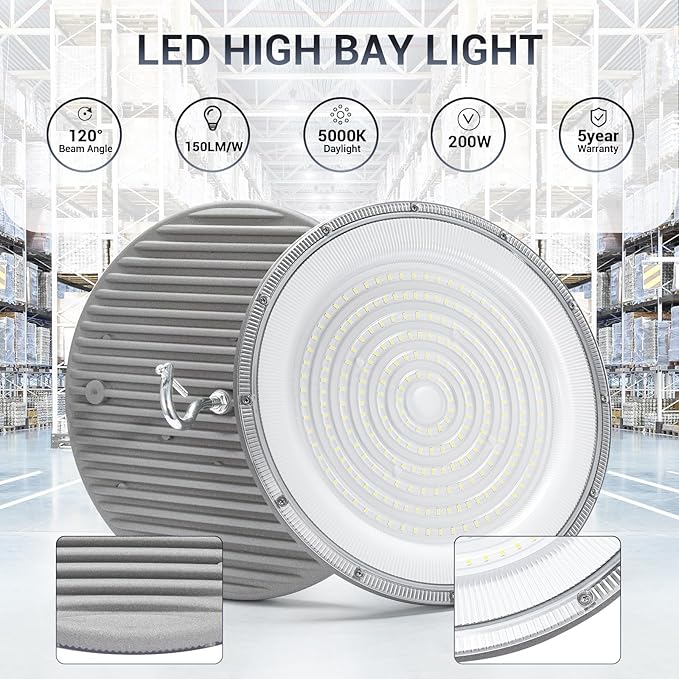 XYCN 15 Pack 200W UFO Led High Bay Light,120VAC,5000K Daylight Commercial Bay Lighting,IP66 Waterproof,30500LM,850W MH/HPS with Plug Area Lighting for Warehouse/Shop/Workshop/Barn/Gym/Factory