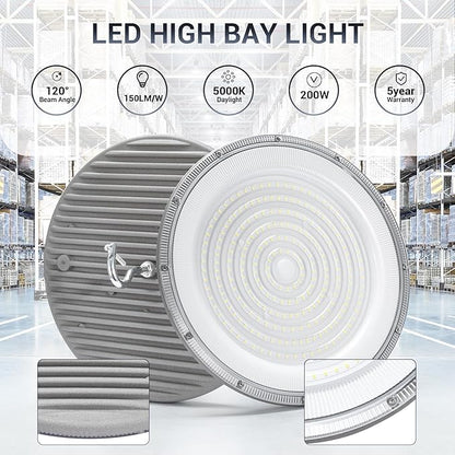 XYCN 15 Pack 200W UFO Led High Bay Light,120VAC,5000K Daylight Commercial Bay Lighting,IP66 Waterproof,30500LM,850W MH/HPS with Plug Area Lighting for Warehouse/Shop/Workshop/Barn/Gym/Factory