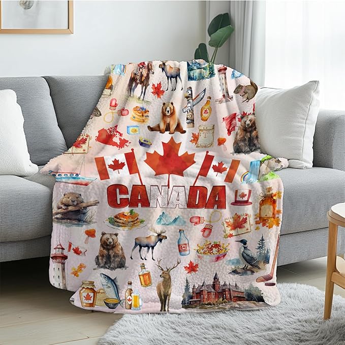 Canadian Blanket Gifts for Women and Men, Canadian Flag Maple Leaf Print Blankets, Cozy Flannel Canadian Themed Blanket for Holiday, Birthday Gifts for Christmas Thanksgiving Day 50x60in