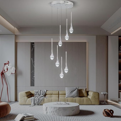 Modern Crystal Chandelier 7-Lights Chrome, H60'' High Ceiling Spiral Dimmable LED Bubble Crystal Raindrop Light Fixture for Foyer Entryway Dining Room Remote Control