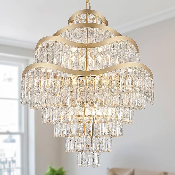 9-Tier Gold Crystal Chandelier 16 Lights Luxury Light Fixtures 24" K9 Crystal Pendant Ceiling Lighting for Living Room Dining Room Foyer Bedroom Kitchen, E12