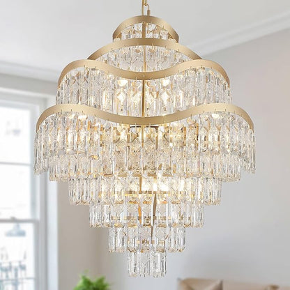 9-Tier Gold Crystal Chandelier 16 Lights Luxury Light Fixtures 24" K9 Crystal Pendant Ceiling Lighting for Living Room Dining Room Foyer Bedroom Kitchen, E12