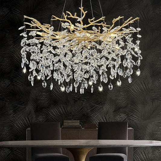 31.5" Modern Crystal Chandeliers for Dining Room,Gold Crystal Tree Branches Chandelier, Round Dining Room Chandelier Over Table, Chandeliers for Living Room, Entryway,Foyer