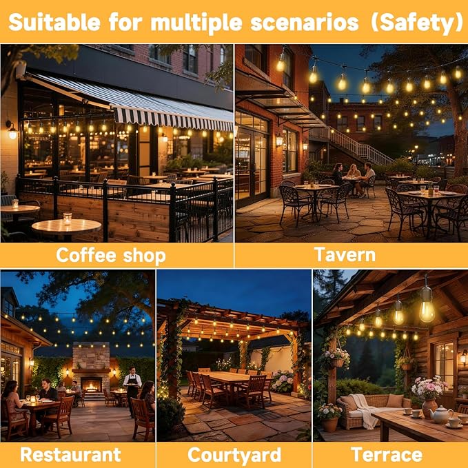 Outdoor Safety String Lights 150FT - Commercial Grade Low Voltage Strand with 60 S14 Shatterproof Bulbs for Tree Garden Yard bistro Cafe | Warm Yellow 3500K Party Lights | IP65 Waterproof | UL Listed