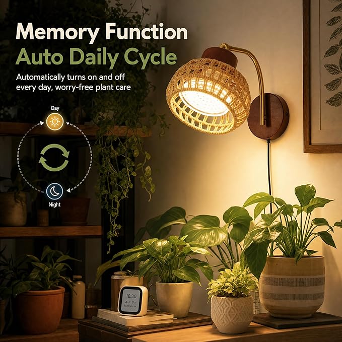 Hanging Grow Lights for Indoor Plants, Wall Grow Light with Adjustable Beam Angle (15°-75°), 3H/6H/9H Auto Cycle Timer, 18W Full Spectrum, 16FT Power Cord for Tall Plants, Flowers and Potted Trees