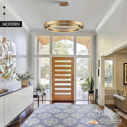 LED 2 Ring Brass Gold Chandelier Dimmable Up Down Light Chandelier Modern Round Chandeliers Light Circular Chandeliers for Foyer Dining Room Entry Bedroom Office Living Room