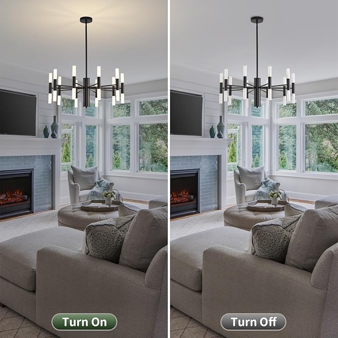 Modern Matte Black Chandelier 20-Light, Mid Century Sputnik Chandeliers with Acrylic Shades, 26.7" Candle Chandeliers for Dinging Room, High Ceilings, Living Room, Foyer, Entryway, G9 Base