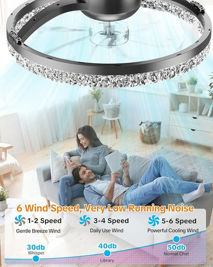 Ceiling Fans with Lights and Remote Low Profile Flush Mount LED Ceiling Fan with Lights 3000K-6500K Dimmable Foldable Fandelier Light 6 Wind Speeds Night Light for Bedroom Living Room Black