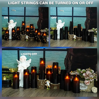 Nimiko Flickering Flameless LED Candles, 9 Pcs with Embedded Star String, Acrylic LED Pillar Candles with Remote, Suitable for Home Decoration (Black)