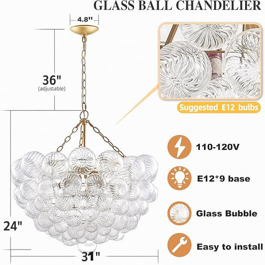 Longree Nordic Bubble Ball Swirled Glass Chandelier, Diam 31" Gild Gold and Clear Modern Hand Blown Glass Pendant Light Fixture for Dining Room, Bedroom, Study, Restaurant, Hallway