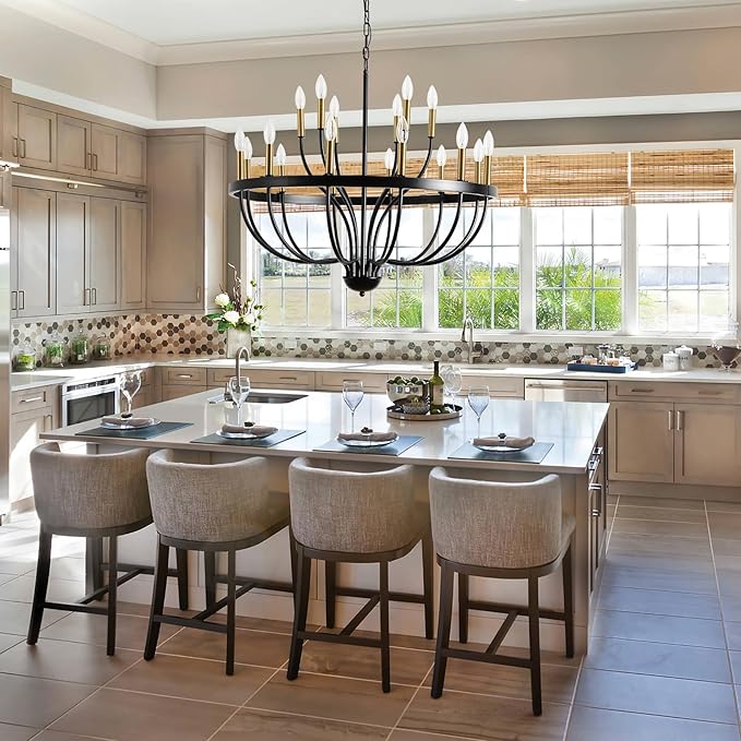 Modern Farmhouse Chandelier for Dining Room 18 Lights,Black and Gold Chandelier Light Fixture,Adjustable Height Hanging Candle Pendant Lighting for Kitchen Island (Black&Gold 18-Lights)