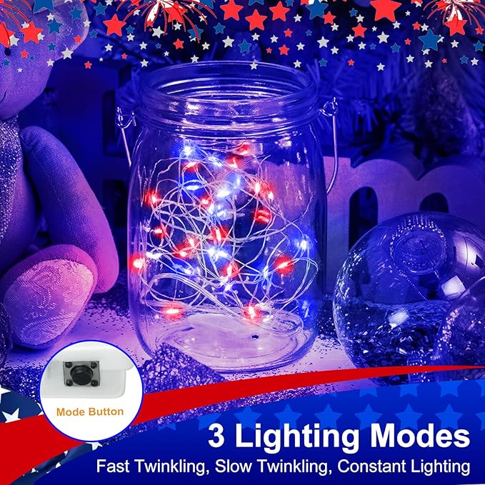 btfarm 4th of July Patriotic Fairy Lights Battery Operated, 12 Pack Red White Blue 3 Modes Twinkle String Lights, 7ft 20 Led Independence Day Mini for Mason Jars Vases Table Centerpiece Decoration