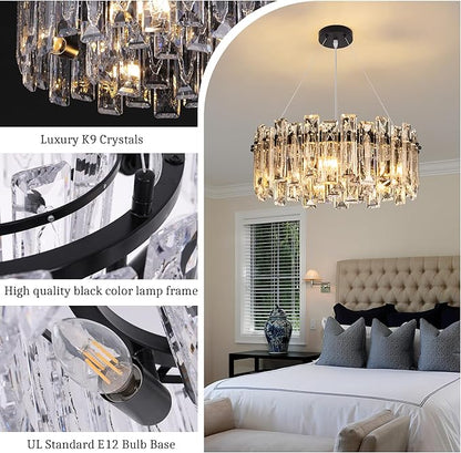 Modern Luxury K9 Crystal Chandelier 5-Lights Round Pendant Light Easy Install Ceiling Hanging Light Fixture for Dining Living Room Kitchen Island Entryway Foyer D15.8 Black