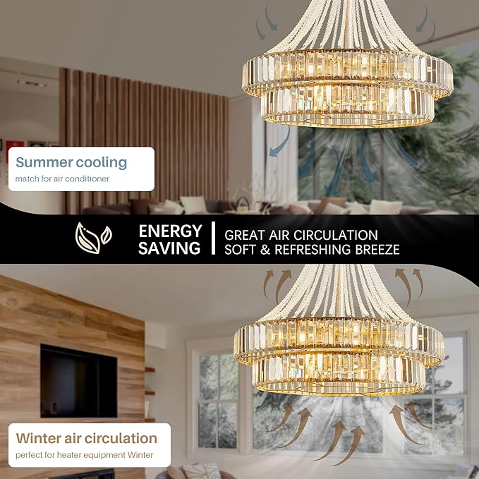 24" Modern Crystal Caged Fandelier, Smart Chandelier Fan with Remote and APP Control, Double Layer Ceiling Fan with Light for Dining Living Room Bedroom, Italian Design-White Gold