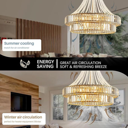 24" Modern Crystal Caged Fandelier, Smart Chandelier Fan with Remote and APP Control, Double Layer Ceiling Fan with Light for Dining Living Room Bedroom, Italian Design-White Gold