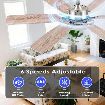Hounberi 52 Inch Ceiling Fans with Lights and Remote, Modern Brushed Nickel Ceiling Fan with Light, Reversible DC Motor, Dual-Sided 6 Blades, 3CCT, Dimmable LED Ceiling Fan for Living room, Bedroom