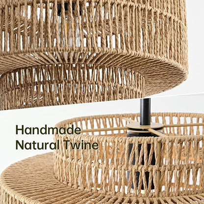12.4” Boho Rattan Pendant Light Fixture for Dining Room, 1-Light Black Chandelier Farmhouse Rustic Hanging Lamp for Kitchen Island, Bedroom, Living Room, Entryway, Foyer, Hallway