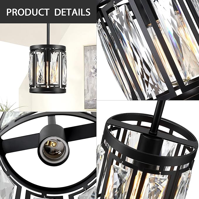 Crystal Pendant Lighting Fixture Matte Black Drum Shade Chandelier,3-Pack Pendant Lights for Kitchen Island Modern Ceiling Lights for Living Room
