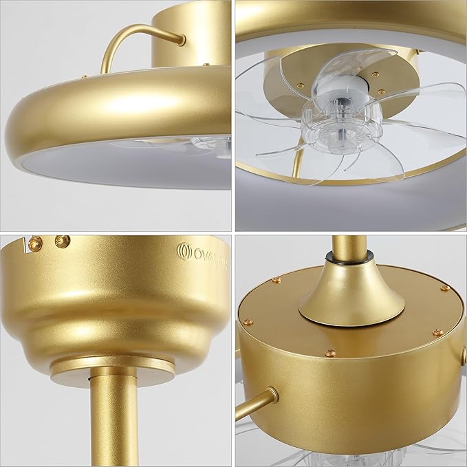 Oval AIR Loren 20" Small Smart Ceiling Fan with Light, Semi Flush Mount, Quiet 6-Speed Reversible Motor, Dimmable LED, Adjustable CCT, App & Remote Control, Modern Glam, Gold AIR8002A