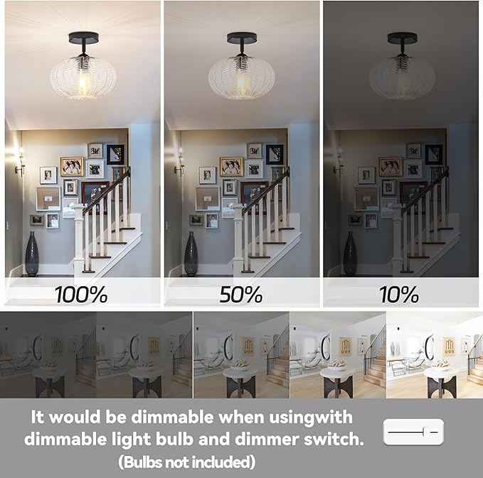 Bagood Black Semi Flush Mount Ceiling Lights Fixture Farmhouse Globe Glass Mid Century Light Fixtures Textured Glass Hallway Lights Fixtures Vintage Ceiling Light for Bathroom Entryway(Bulb Incl.)