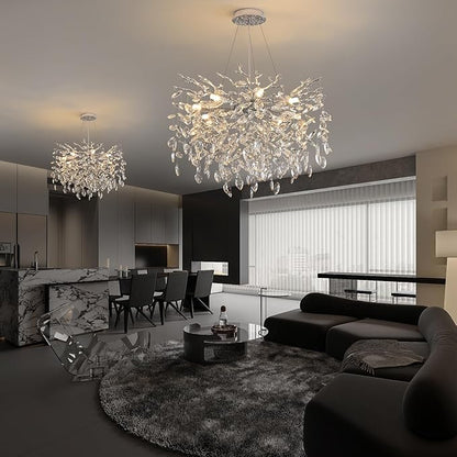 Modern Crystal Tree Branch Chandelier, D23.7'' Round Silver Raindrop Indoor Hanging Ceiling Lighting Fixture for Dining Room Living Room Bedroom Foyer 8 Lights