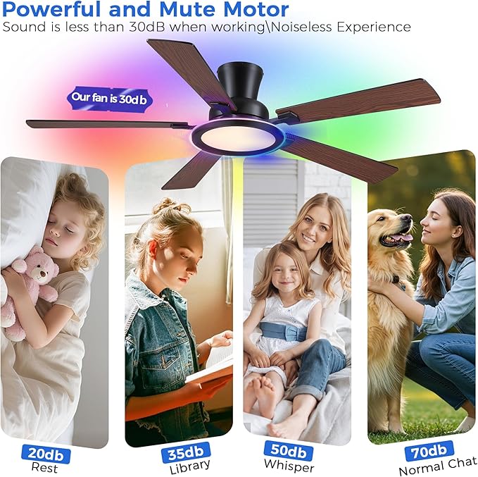 Ayaoty 52in Flush Mount Ceiling Fan with RGB Lights and Remote/APP, Low Profile RGB Ceiling Fan with 5 Reversible Blades, Dimming, Indoor Modern Fan Light Fixutre for Kid's Room, Bedroom, Brown