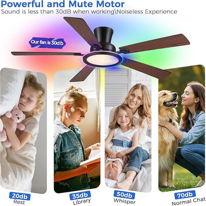 Ayaoty 52in Flush Mount Ceiling Fan with RGB Lights and Remote/APP, Low Profile RGB Ceiling Fan with 5 Reversible Blades, Dimming, Indoor Modern Fan Light Fixutre for Kid's Room, Bedroom, Brown
