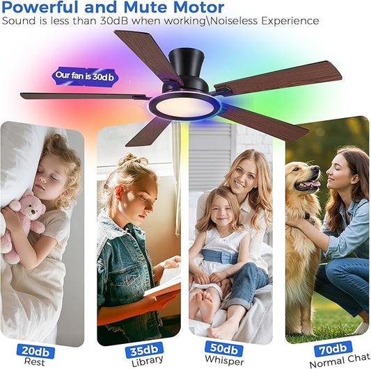 Ayaoty 52in Flush Mount Ceiling Fan with RGB Lights and Remote/APP, Low Profile RGB Ceiling Fan with 5 Reversible Blades, Dimming, Indoor Modern Fan Light Fixutre for Kid's Room, Bedroom, Brown