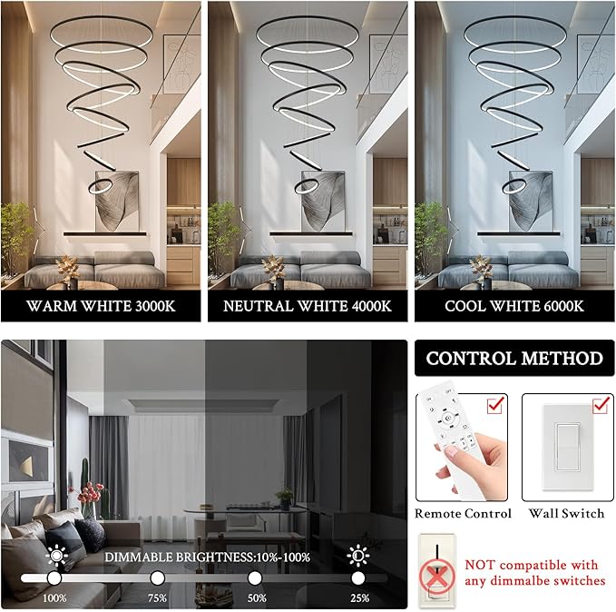 Modern Big LED Chandeliers 8-Ring Big LED Chandelier for High Ceiling with Remote Control Hanging Height Adjustable Max 98" Long Chandelier for Foyer Living Room Entry Staircase 135W
