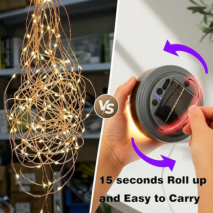 Solar Camping String Lights 32.8FT, 9 Lighting Modes 4 in 1 Portable Waterproof Camp Lantern, Retractable Rechargeable Fairy Lights with Hanging Hook for Outdoor Tent Garden Patio RV Yard Essentials