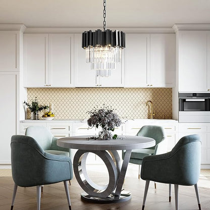 15.8" Black Crystal Chandelier, 5-Light Modern Chandelier, 3-Tier Round Pendant Light Fixture for Dining Room, Kitchen Island, Bedroom, Living Room, Foyer, Entryway, Small Crystal Chandeliers