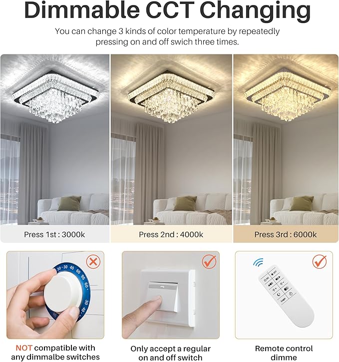 Miuyhji Elegant LED Crystal Raindrop Ceiling Light, 24 in Square Flush Mount Chandelier with Remote for Living Room Kitchen Island Bedroom Hallway Entryway Foyer (Dimmable)